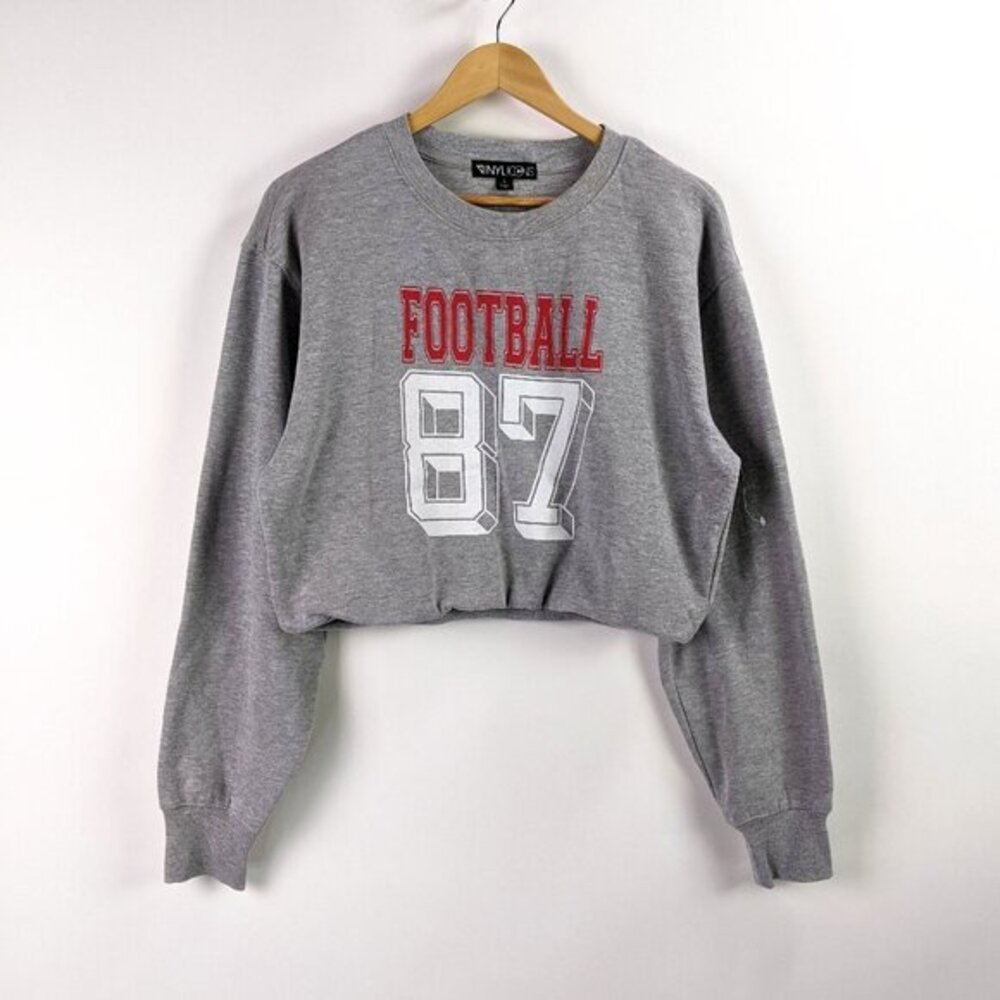 The Vinyl Icons Size L Womens Long Sleeve Gray Football Bubble Hem Crop Top